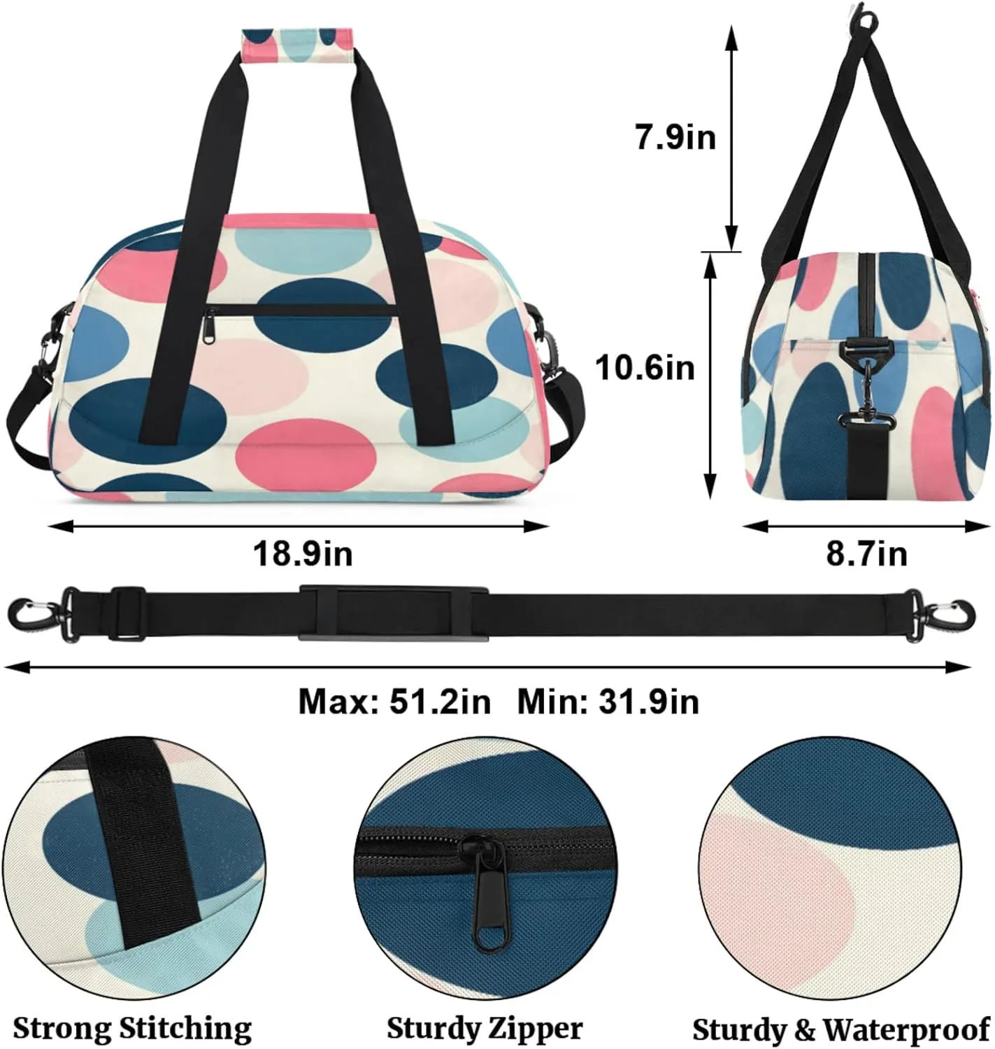 Polka Dots Small Gym Bag for Women Men, Circle Travel Duffle Bag Workout Dance Tote Bag Carry On Overnight Weekender Bag