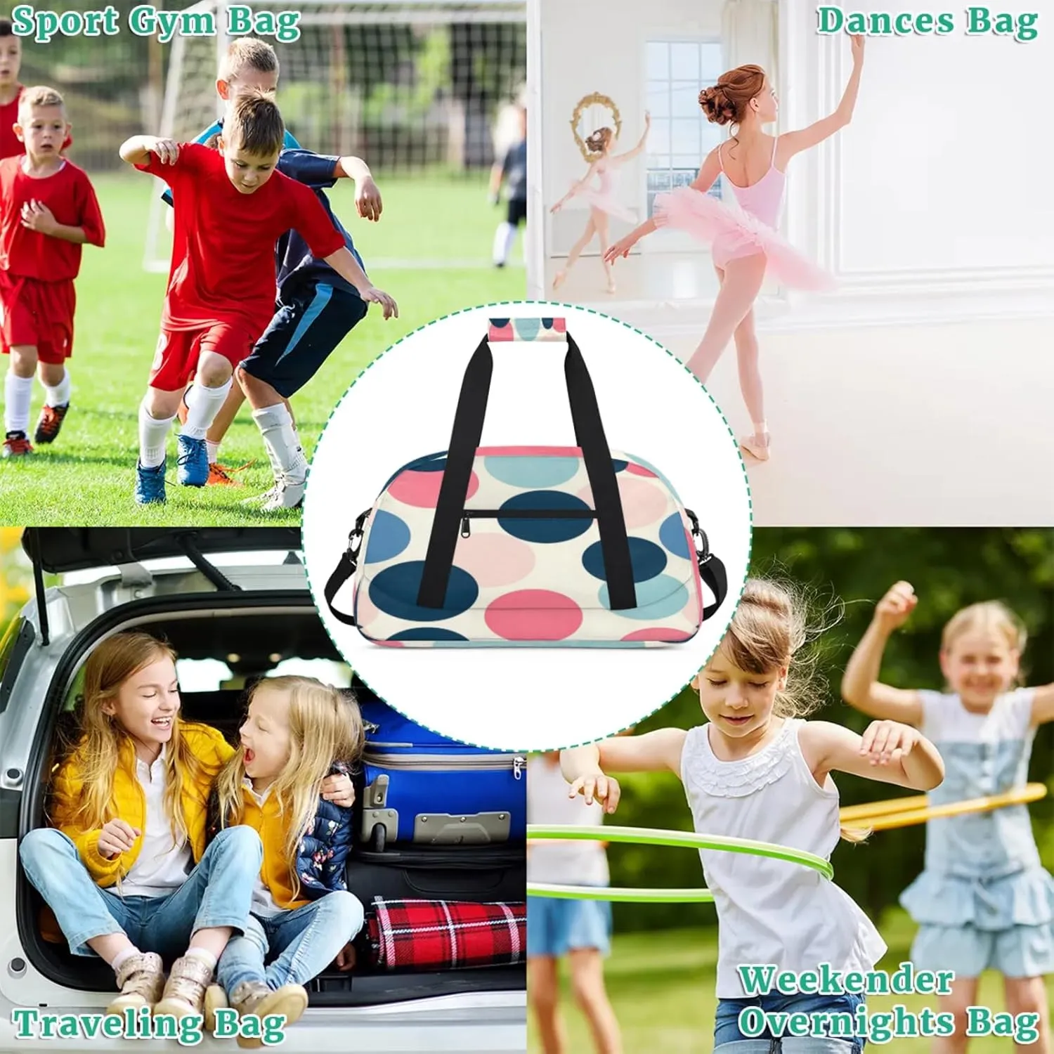 Polka Dots Small Gym Bag for Women Men, Circle Travel Duffle Bag Workout Dance Tote Bag Carry On Overnight Weekender Bag