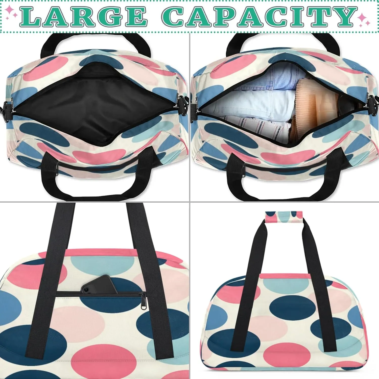 Polka Dots Small Gym Bag for Women Men, Circle Travel Duffle Bag Workout Dance Tote Bag Carry On Overnight Weekender Bag