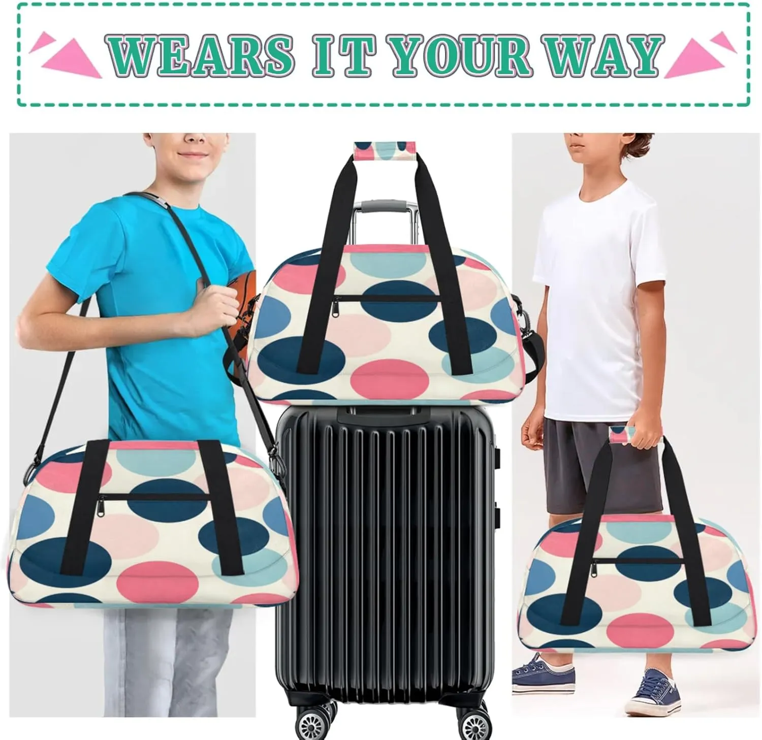 Polka Dots Small Gym Bag for Women Men, Circle Travel Duffle Bag Workout Dance Tote Bag Carry On Overnight Weekender Bag