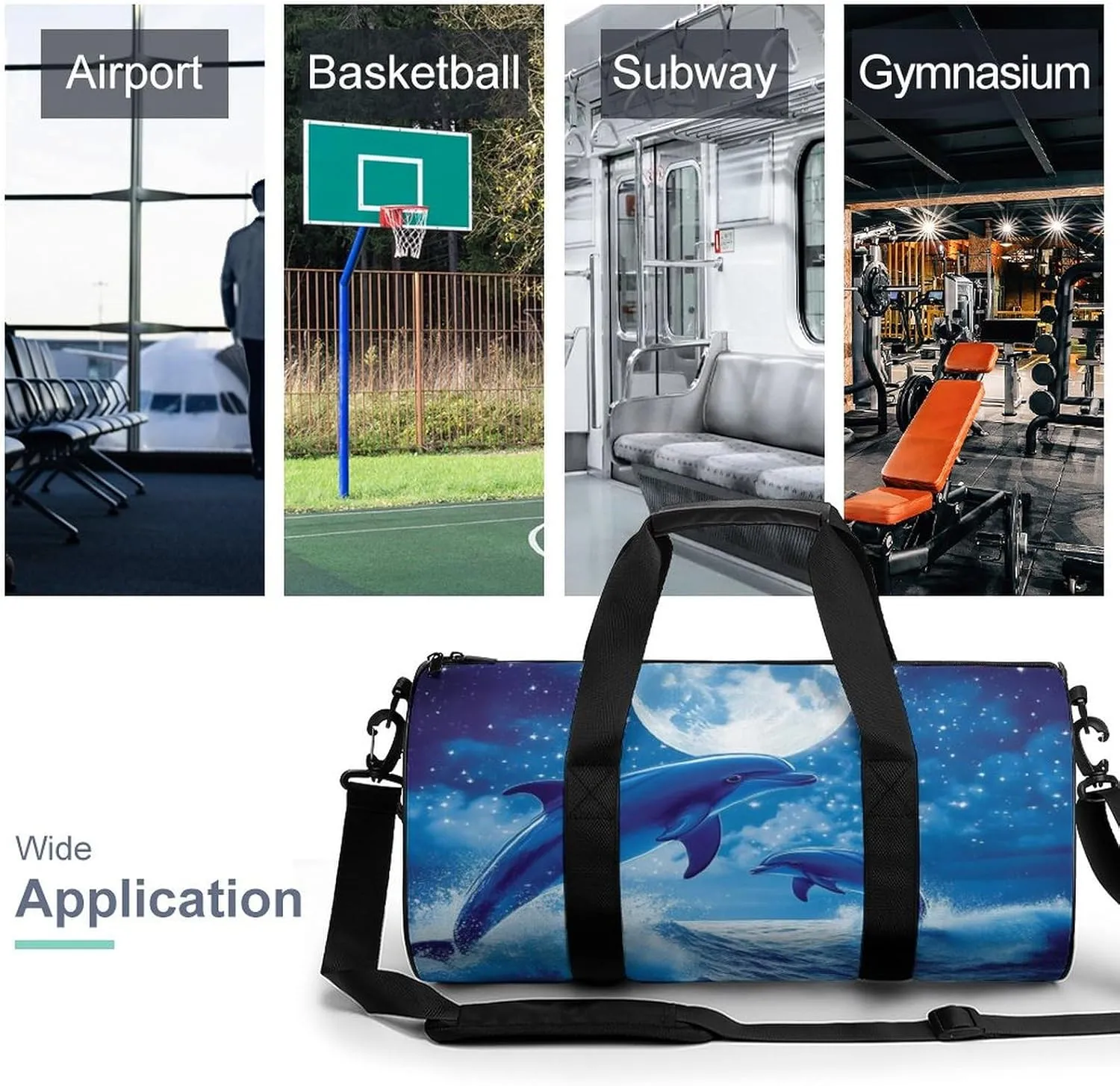 Portable Travel Duffel Bag, Waterproof Large Size Yoga Gym Bag Blue Great Water of Waves Sea Full Moon Dolphin Art Sports Tote Handbag for Overnight Weekender