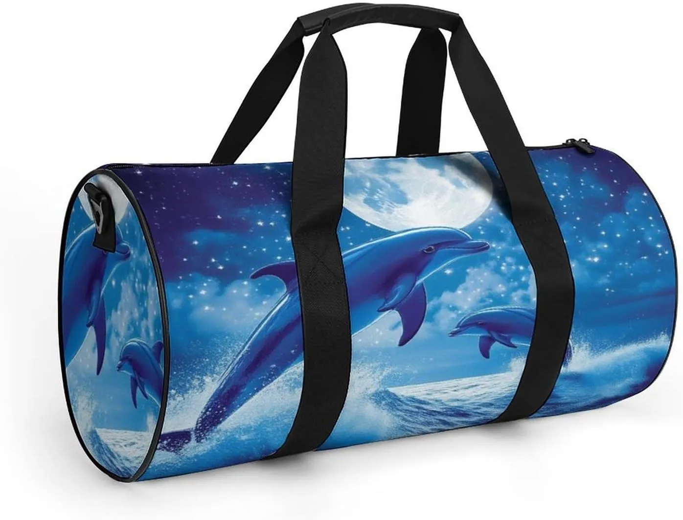 Portable Travel Duffel Bag, Waterproof Large Size Yoga Gym Bag Blue Great Water of Waves Sea Full Moon Dolphin Art Sports Tote Handbag for Overnight Weekender