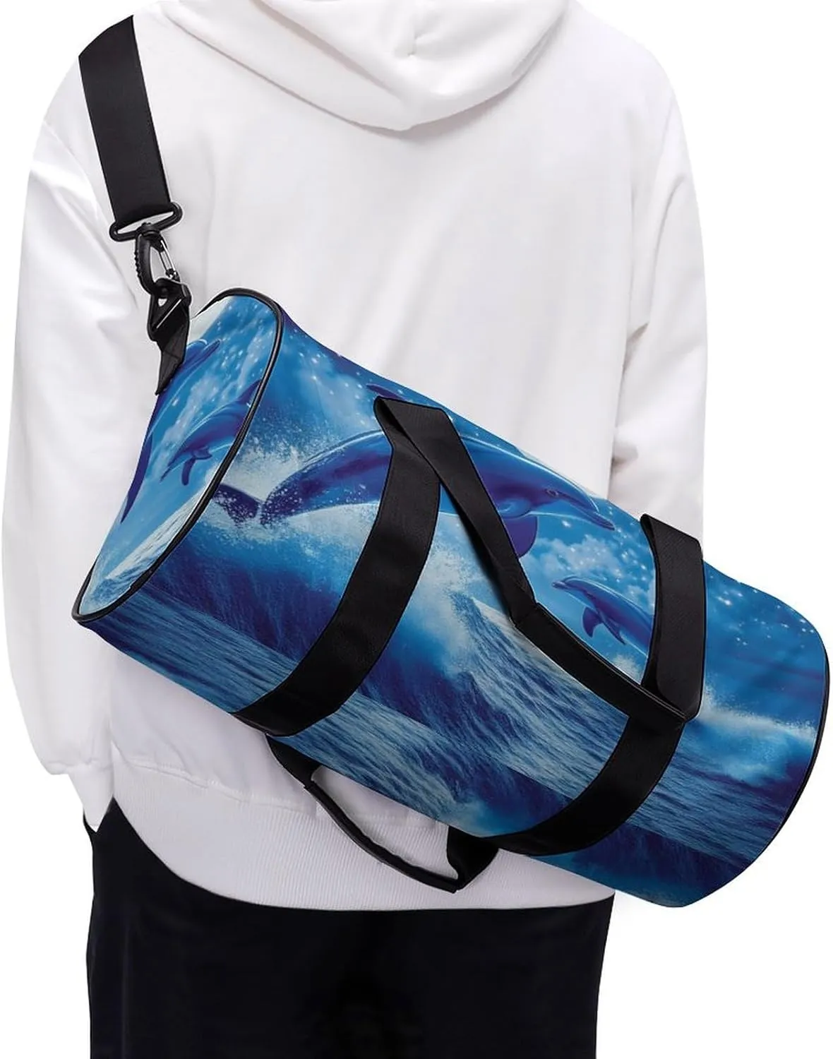 Portable Travel Duffel Bag, Waterproof Large Size Yoga Gym Bag Blue Great Water of Waves Sea Full Moon Dolphin Art Sports Tote Handbag for Overnight Weekender