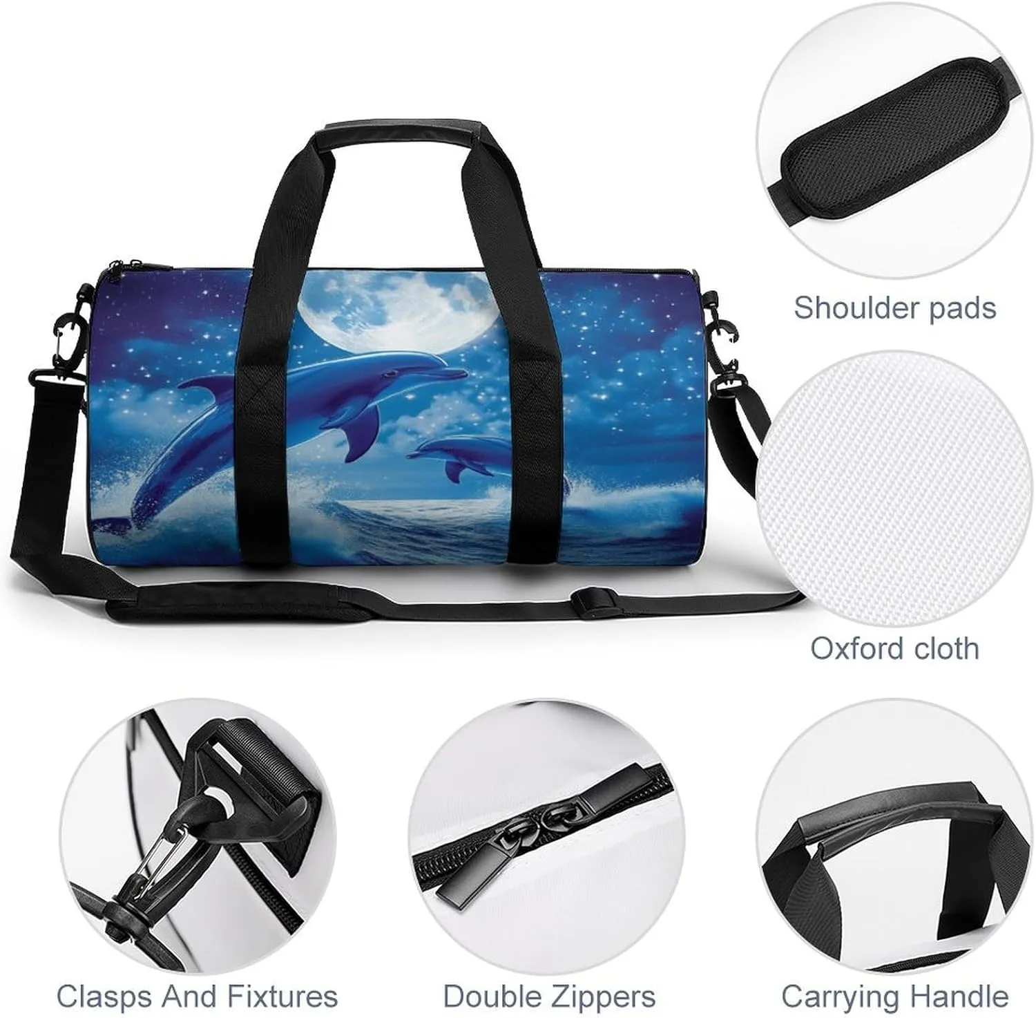 Portable Travel Duffel Bag, Waterproof Large Size Yoga Gym Bag Blue Great Water of Waves Sea Full Moon Dolphin Art Sports Tote Handbag for Overnight Weekender