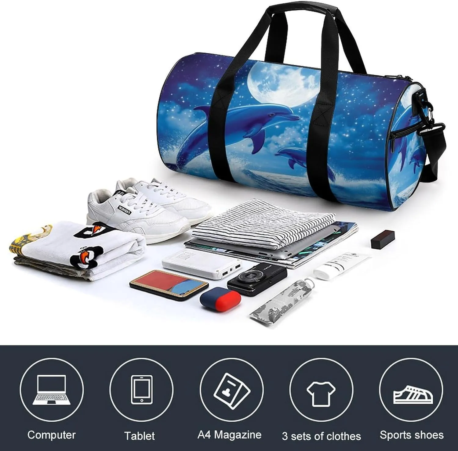 Portable Travel Duffel Bag, Waterproof Large Size Yoga Gym Bag Blue Great Water of Waves Sea Full Moon Dolphin Art Sports Tote Handbag for Overnight Weekender