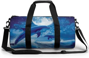 Portable Travel Duffel Bag, Waterproof Large Size Yoga Gym Bag Blue Great Water of Waves Sea Full Moon Dolphin Art Sports Tote Handbag for Overnight Weekender