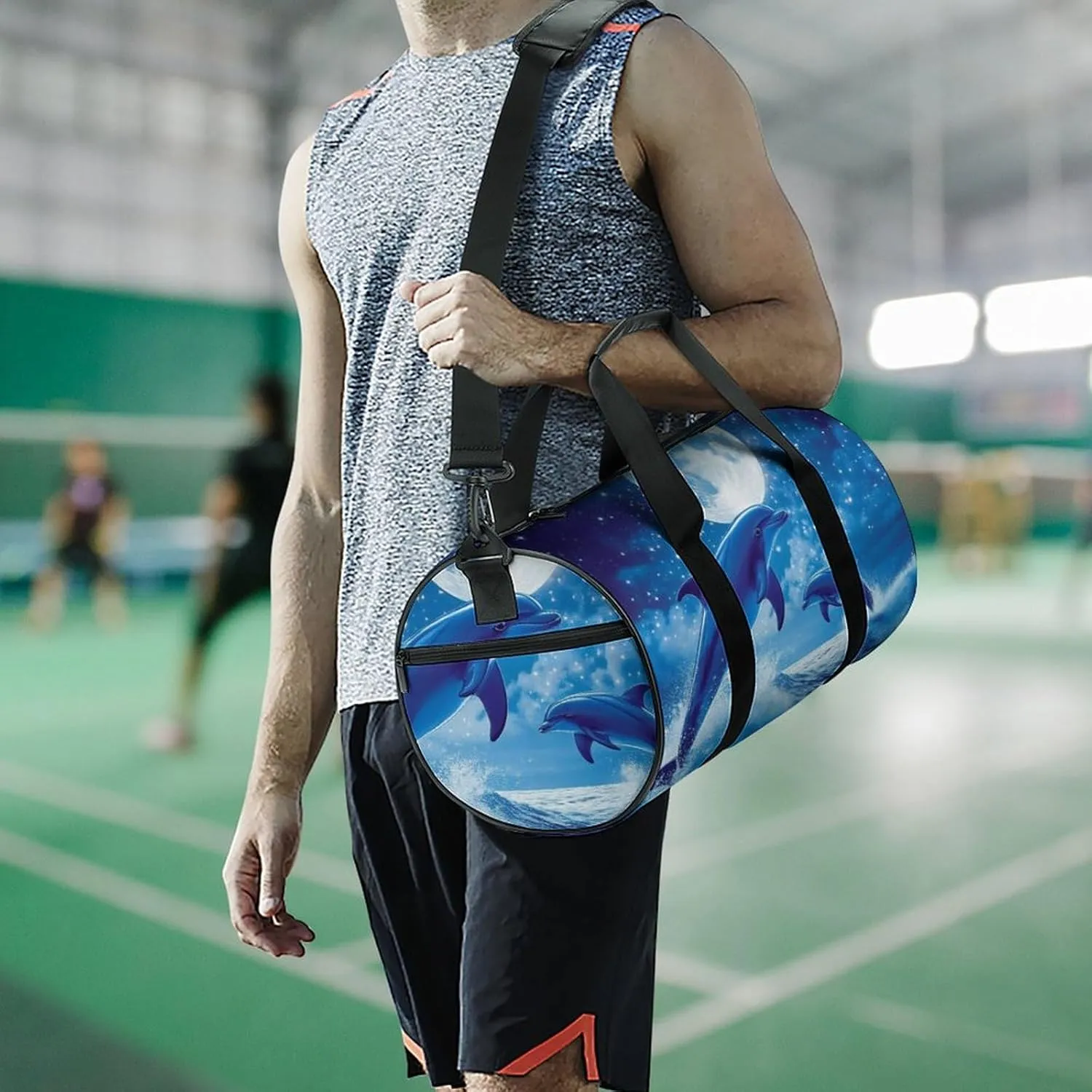 Portable Travel Duffel Bag, Waterproof Large Size Yoga Gym Bag Blue Great Water of Waves Sea Full Moon Dolphin Art Sports Tote Handbag for Overnight Weekender