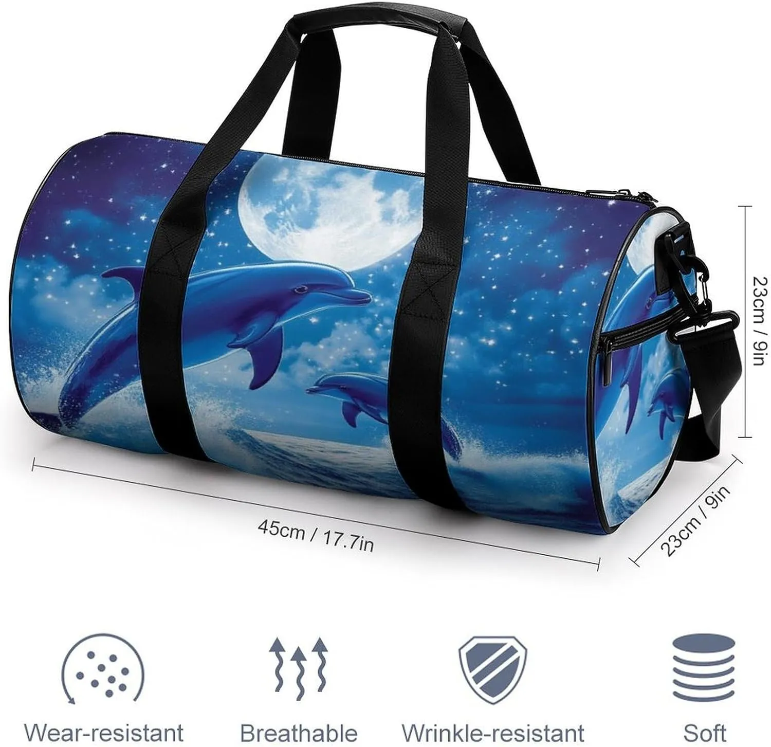 Portable Travel Duffel Bag, Waterproof Large Size Yoga Gym Bag Blue Great Water of Waves Sea Full Moon Dolphin Art Sports Tote Handbag for Overnight Weekender