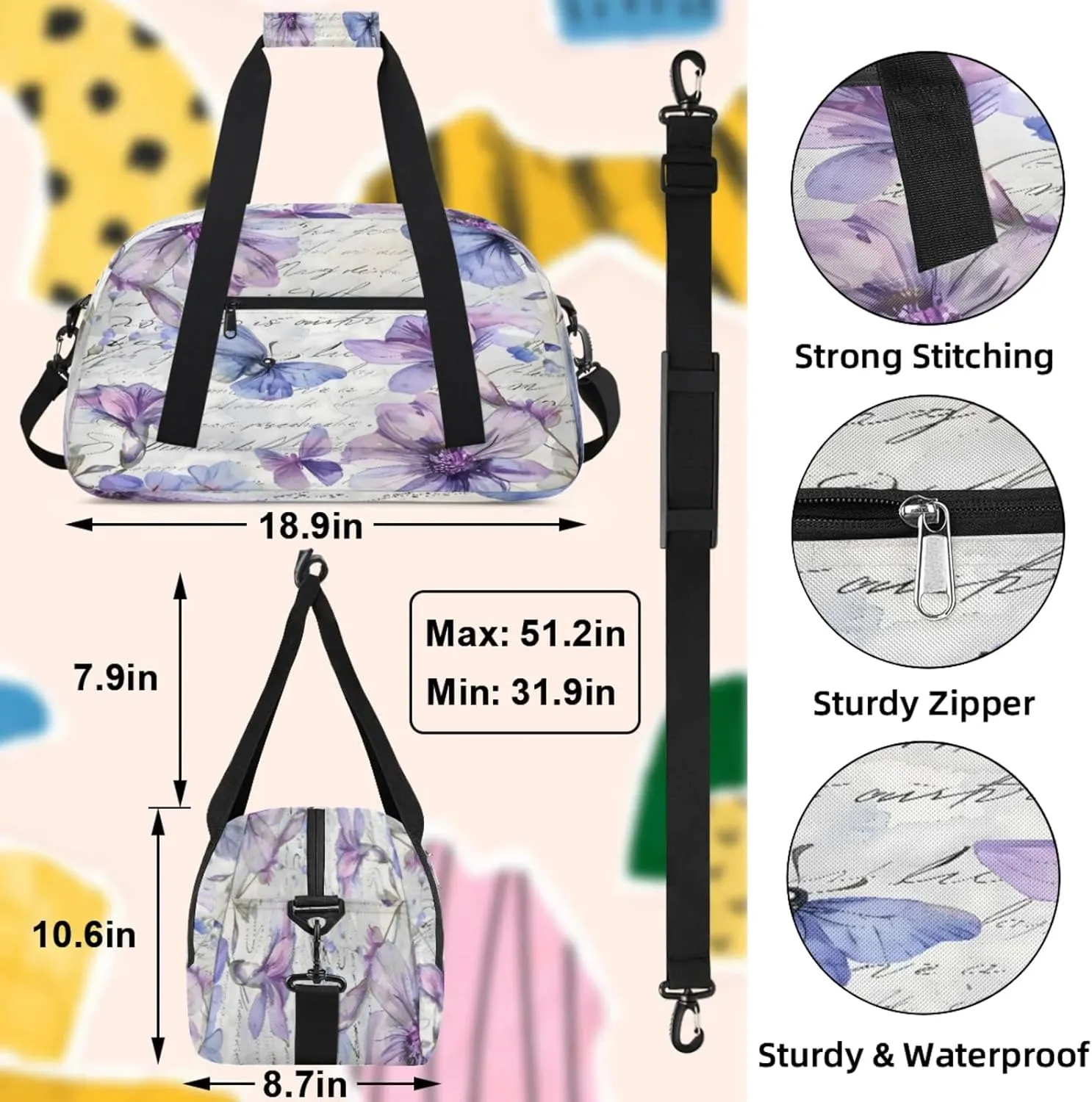 Purple Flower Butterfly Small Gym Bag 18 inch Carry On Duffel Bag for Weekender Travel Sports Workout Yoga Gymnastics Dance Ballet