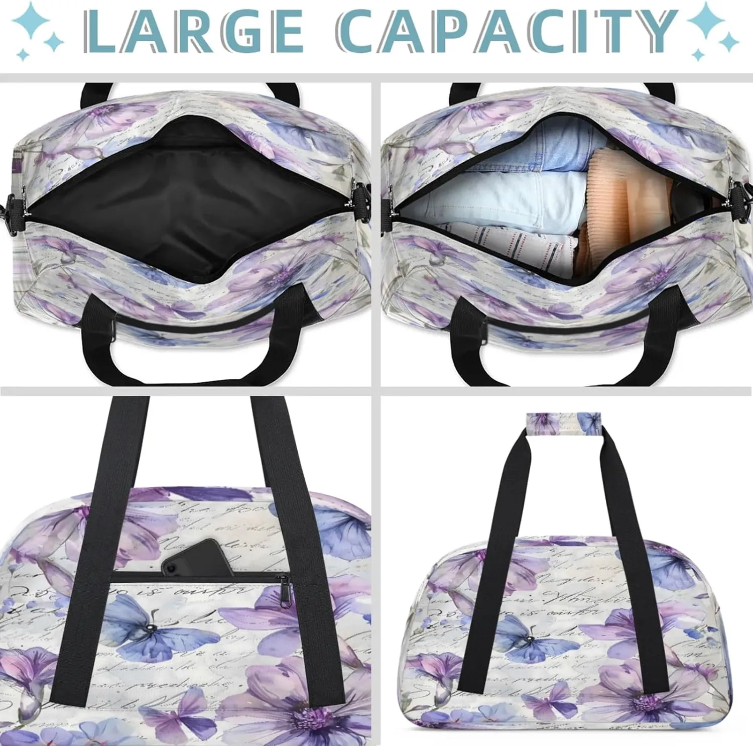 Purple Flower Butterfly Small Gym Bag 18 inch Carry On Duffel Bag for Weekender Travel Sports Workout Yoga Gymnastics Dance Ballet