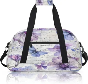 Purple Flower Butterfly Small Gym Bag 18 inch Carry On Duffel Bag for Weekender Travel Sports Workout Yoga Gymnastics Dance Ballet