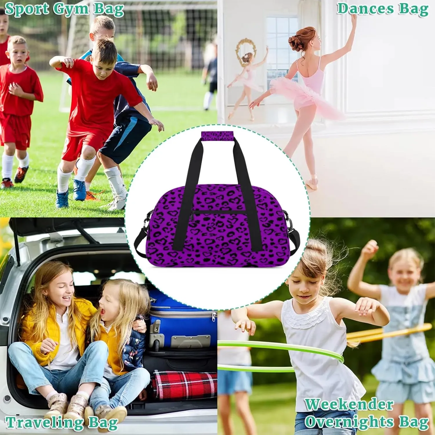 Purple Leopard Print Small Gym Bag for Women Men, Travel Duffle Bag Workout Dance Tote Bag Carry On Overnight Weekender Bag