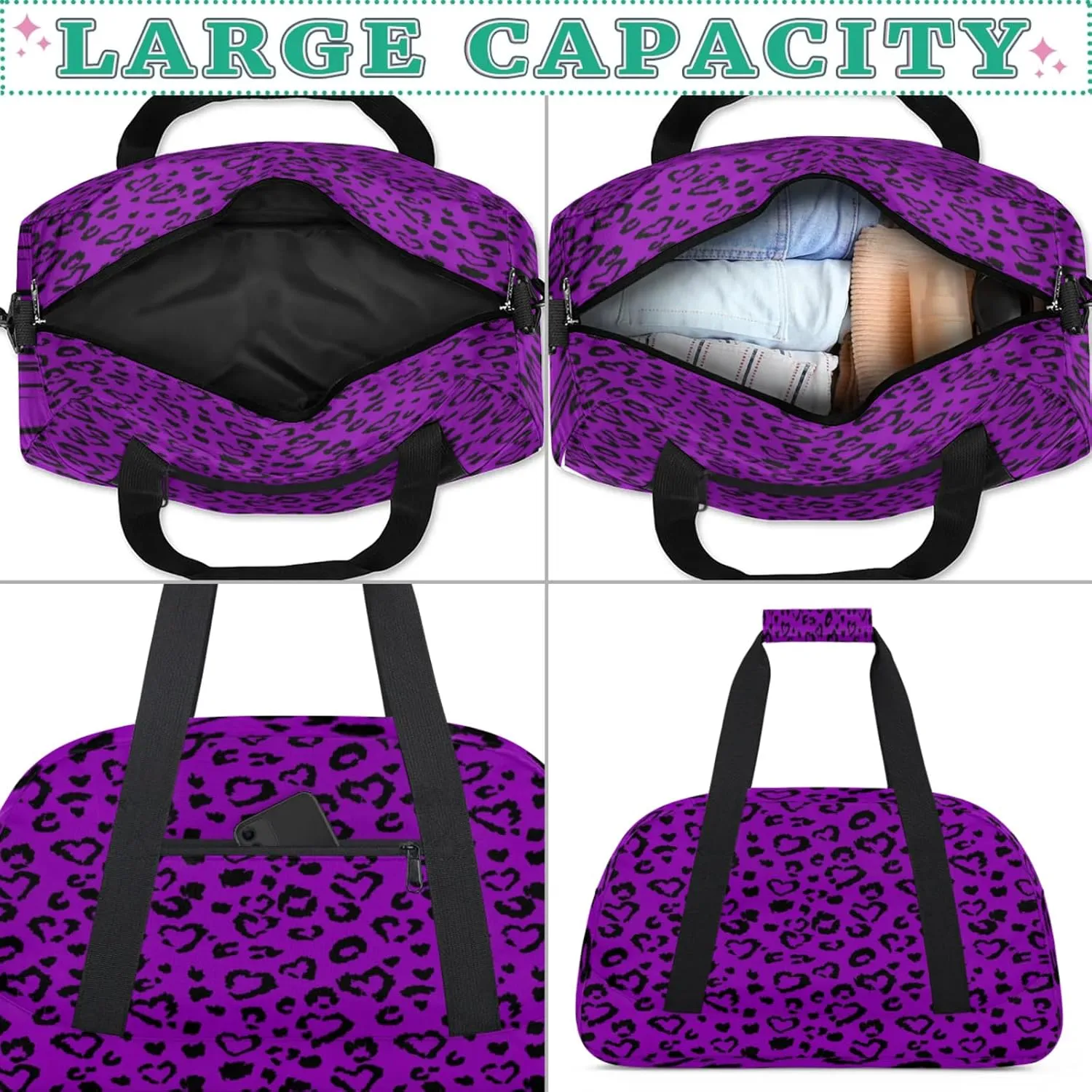 Purple Leopard Print Small Gym Bag for Women Men, Travel Duffle Bag Workout Dance Tote Bag Carry On Overnight Weekender Bag