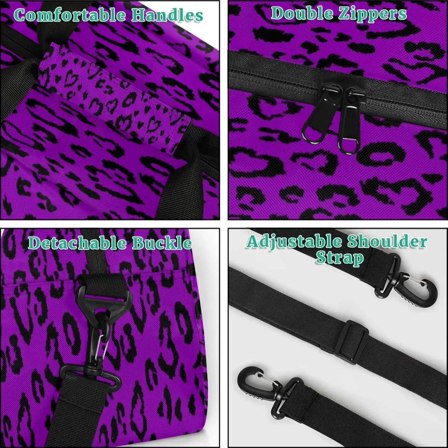 Purple Leopard Print Small Gym Bag for Women Men, Travel Duffle Bag Workout Dance Tote Bag Carry On Overnight Weekender Bag