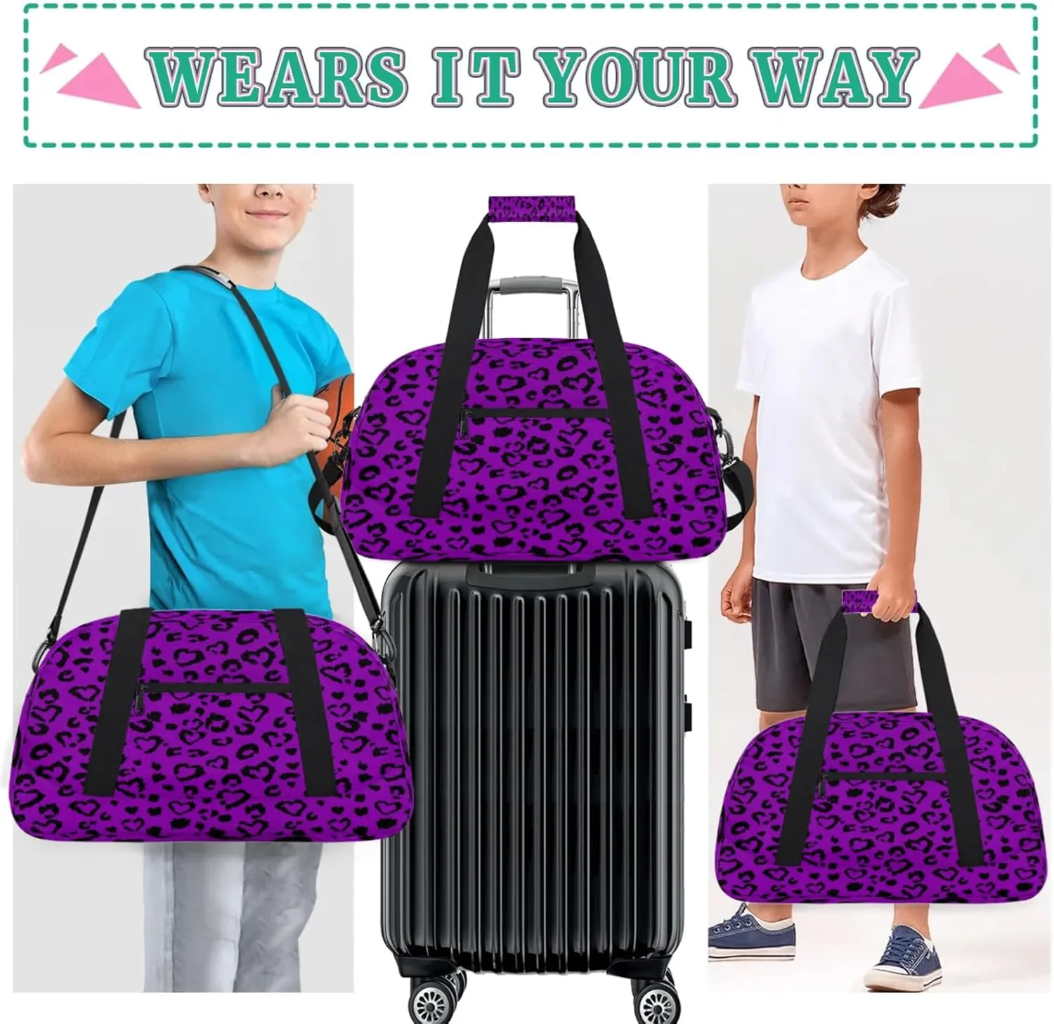 Purple Leopard Print Small Gym Bag for Women Men, Travel Duffle Bag Workout Dance Tote Bag Carry On Overnight Weekender Bag