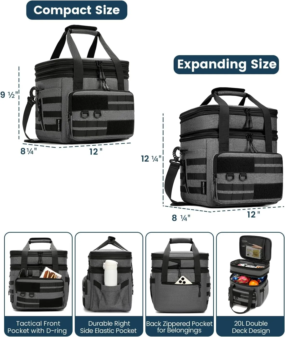 RalChyez Tactical Lunch Bag, 20L Large Heavy Duty Double Deck Insulated Lunch Box Leakproof Expandable Tote Cooler with Shoulder Strap for Adult Men Women Work Fishing Picnic Travel Gray