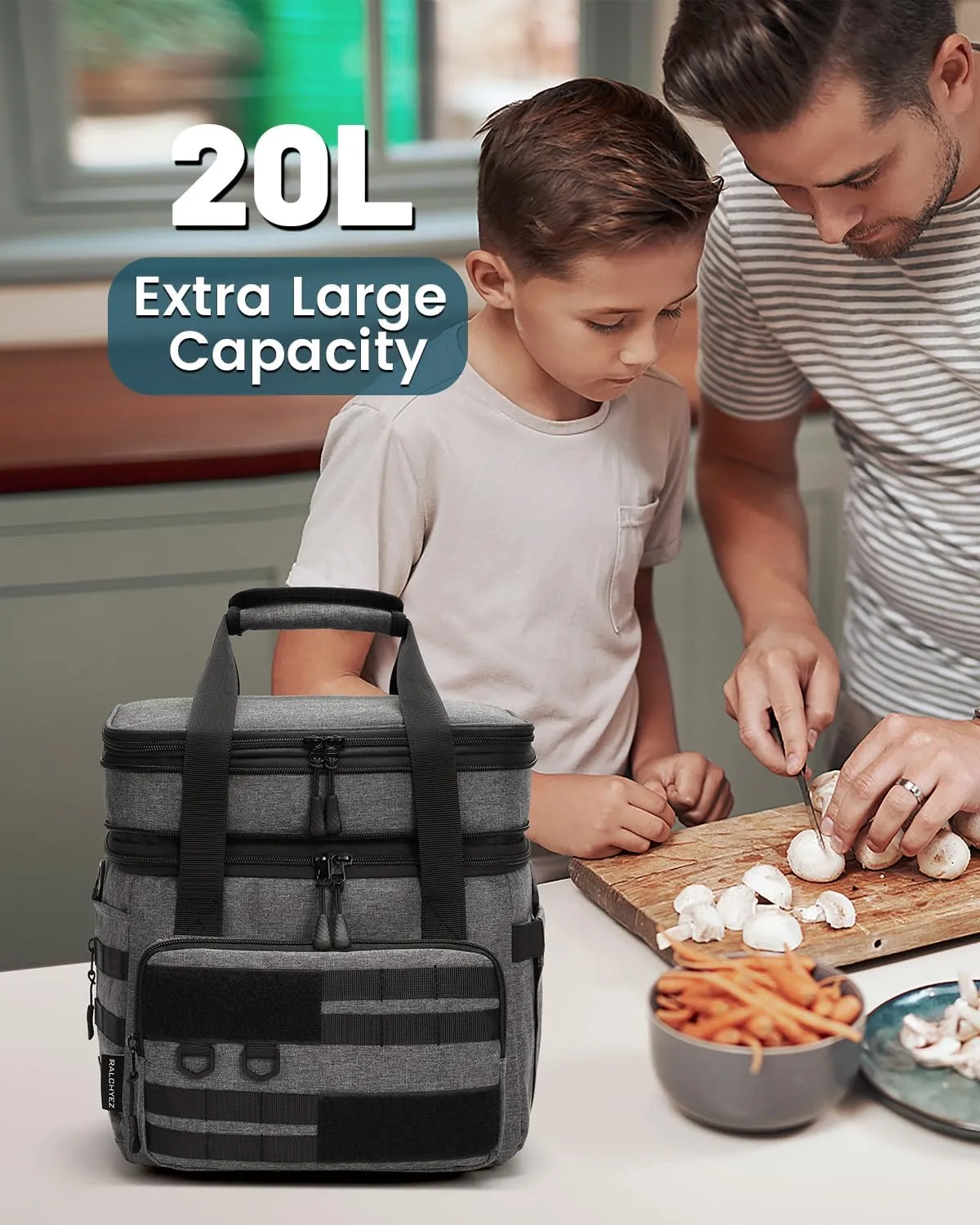 RalChyez Tactical Lunch Bag, 20L Large Heavy Duty Double Deck Insulated Lunch Box Leakproof Expandable Tote Cooler with Shoulder Strap for Adult Men Women Work Fishing Picnic Travel Gray