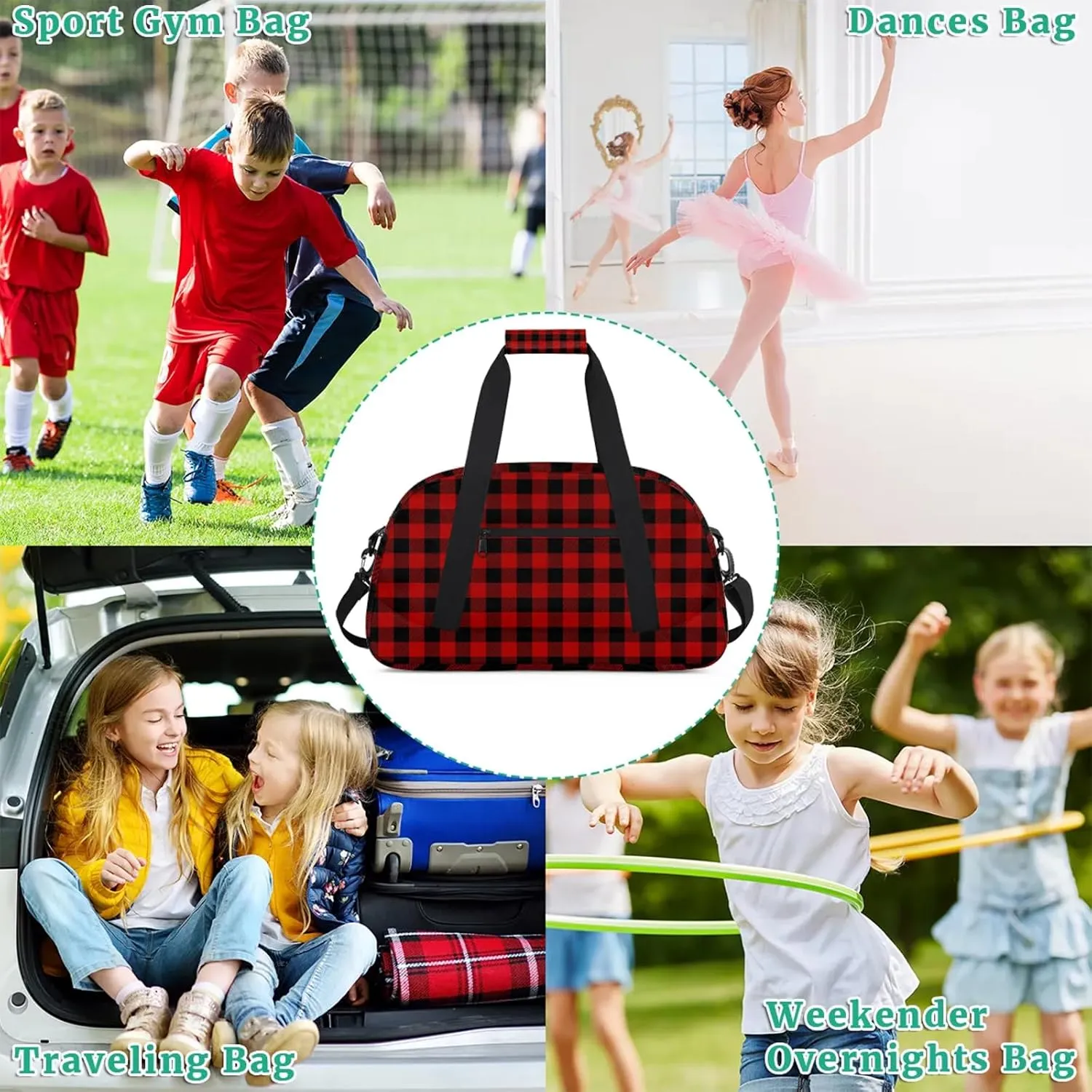 Red Buffalo Plaid 18 inch Small Gym Bag for Women and Men, Lightweight Carry On Weekender Bag Mini Duffel Bag for Travel Sports Workout