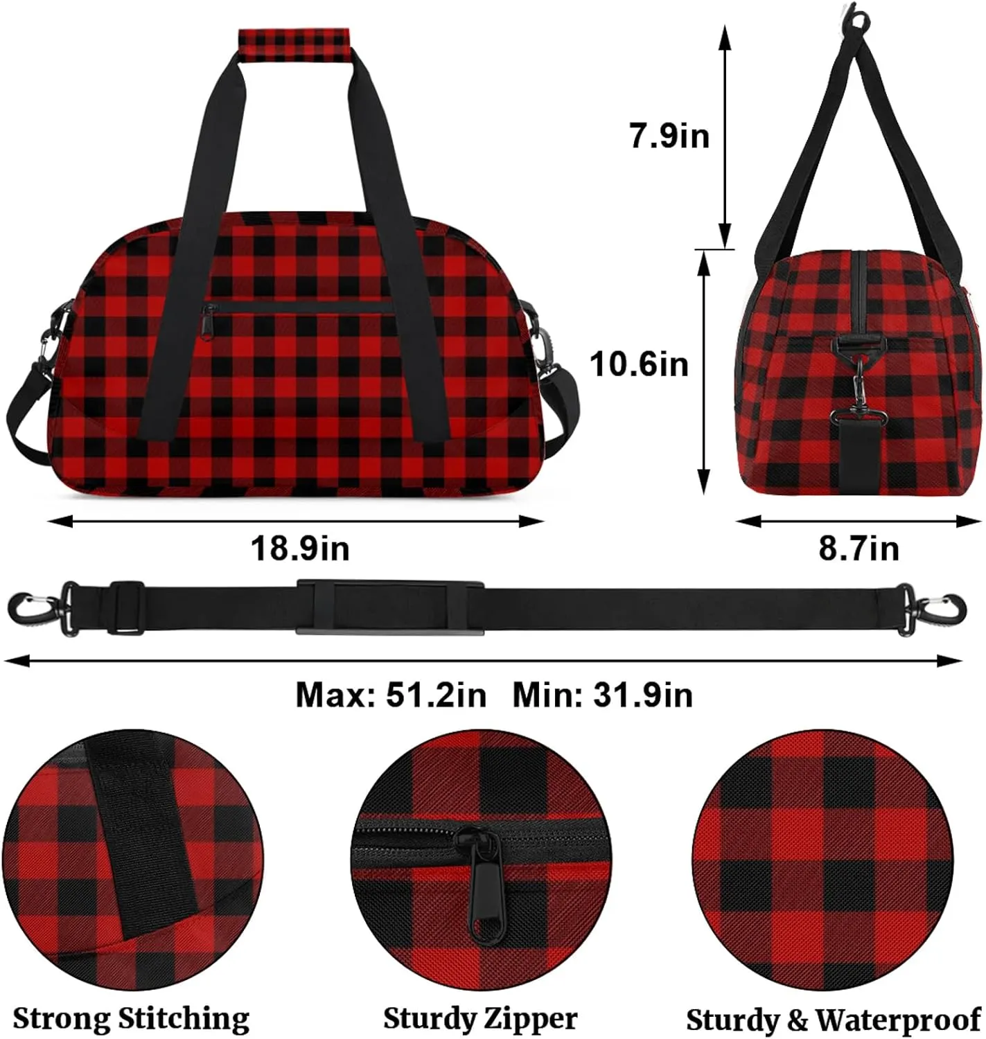 Red Buffalo Plaid 18 inch Small Gym Bag for Women and Men, Lightweight Carry On Weekender Bag Mini Duffel Bag for Travel Sports Workout
