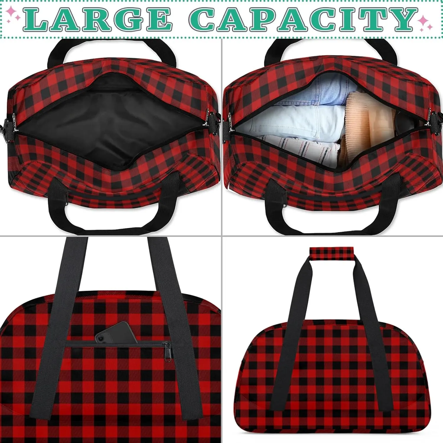Red Buffalo Plaid 18 inch Small Gym Bag for Women and Men, Lightweight Carry On Weekender Bag Mini Duffel Bag for Travel Sports Workout