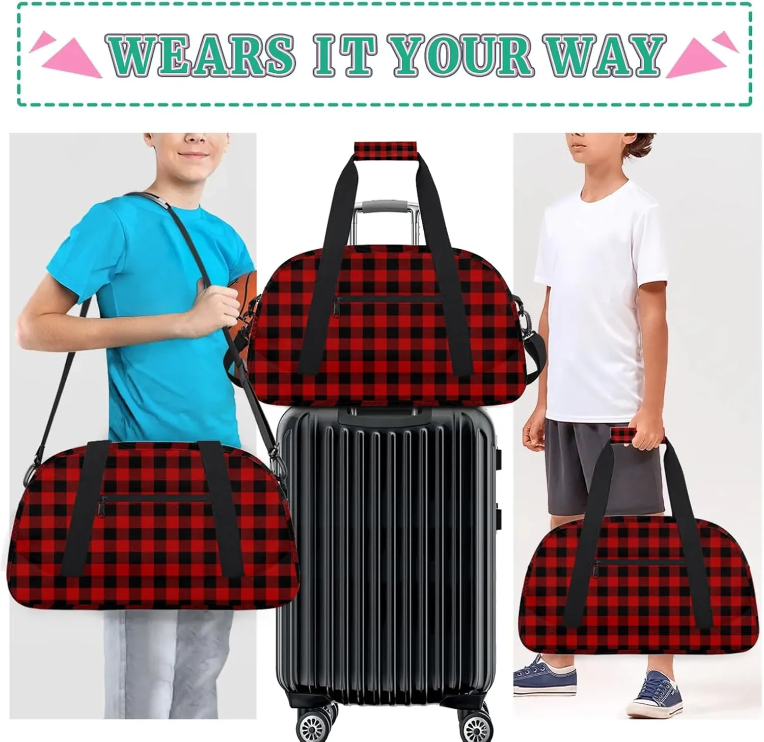 Red Buffalo Plaid 18 inch Small Gym Bag for Women and Men, Lightweight Carry On Weekender Bag Mini Duffel Bag for Travel Sports Workout