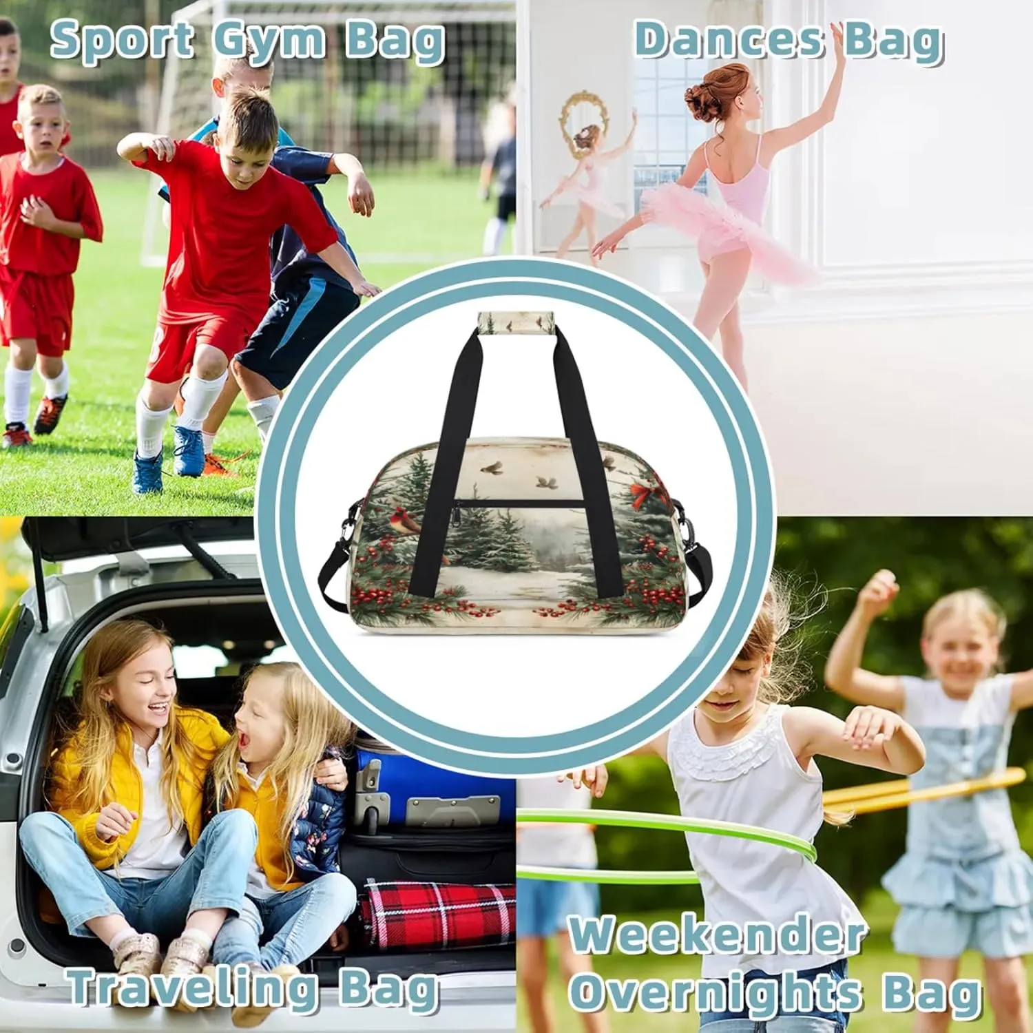 Retro Christmas Small Gym Bag 18 inch Carry On Duffel Bag for Weekender Travel Sports Workout Yoga Gymnastics Dance Ballet