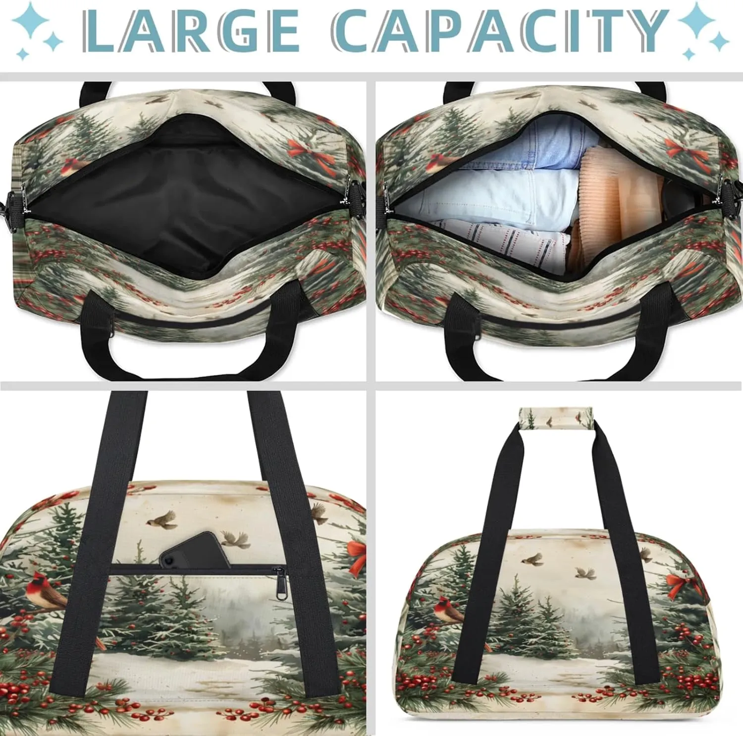 Retro Christmas Small Gym Bag 18 inch Carry On Duffel Bag for Weekender Travel Sports Workout Yoga Gymnastics Dance Ballet