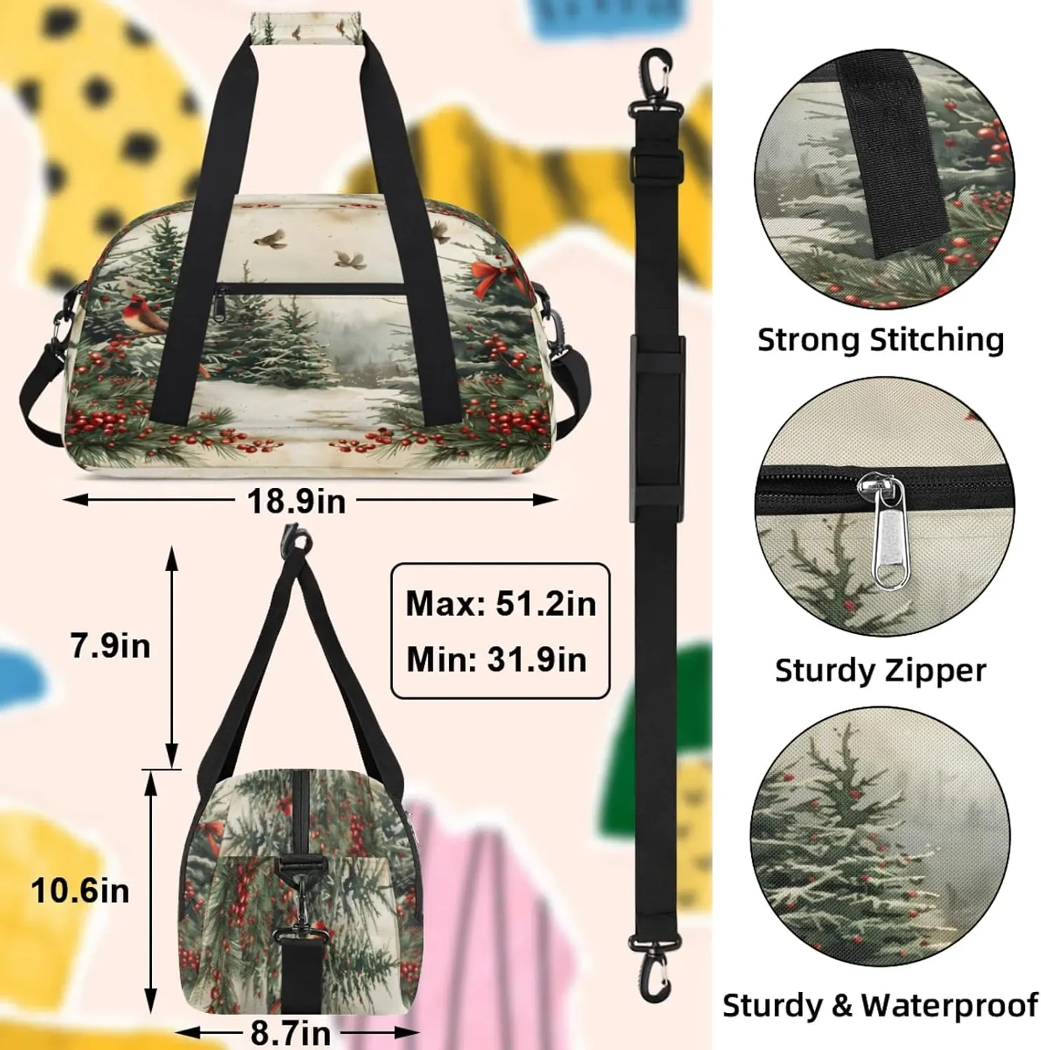 Retro Christmas Small Gym Bag 18 inch Carry On Duffel Bag for Weekender Travel Sports Workout Yoga Gymnastics Dance Ballet