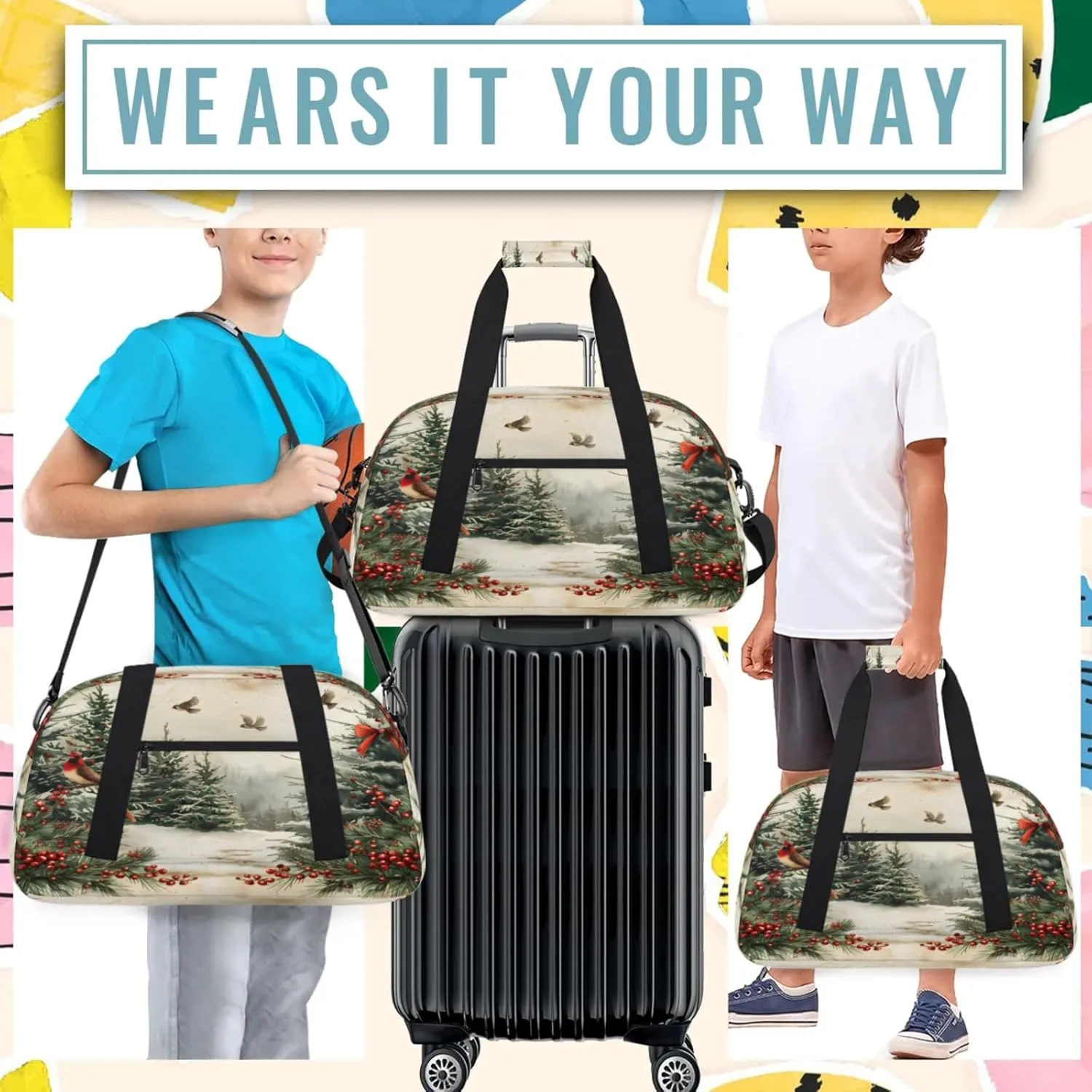Retro Christmas Small Gym Bag 18 inch Carry On Duffel Bag for Weekender Travel Sports Workout Yoga Gymnastics Dance Ballet