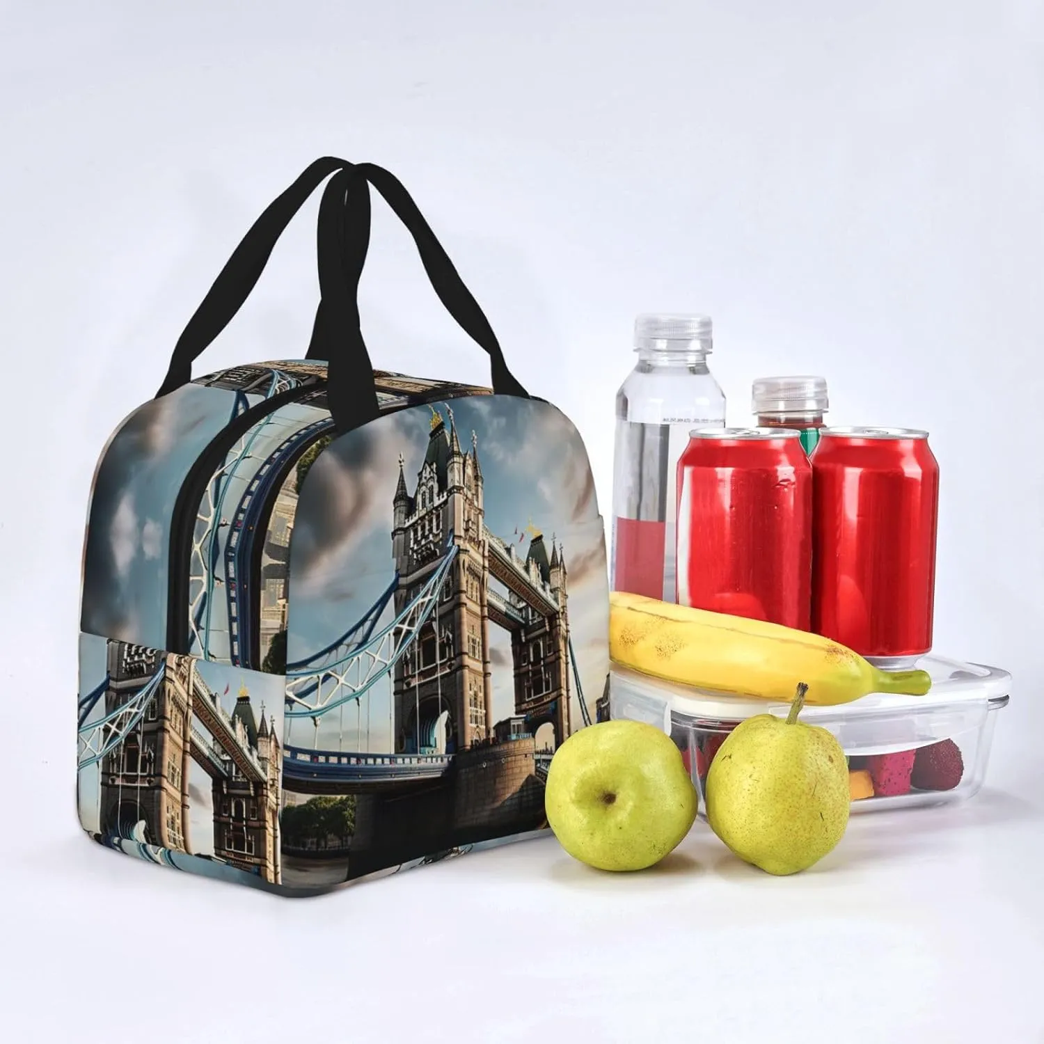 Reusable Insulated Lunch Bag Cooler Tote Box Meal Prep For Men & Women Work Picnic Or Travel,Historic Old Tower Bridge London Print