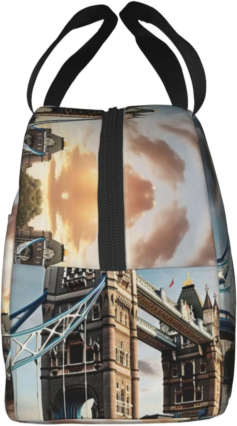 Reusable Insulated Lunch Bag Cooler Tote Box Meal Prep For Men & Women Work Picnic Or Travel,Historic Old Tower Bridge London Print