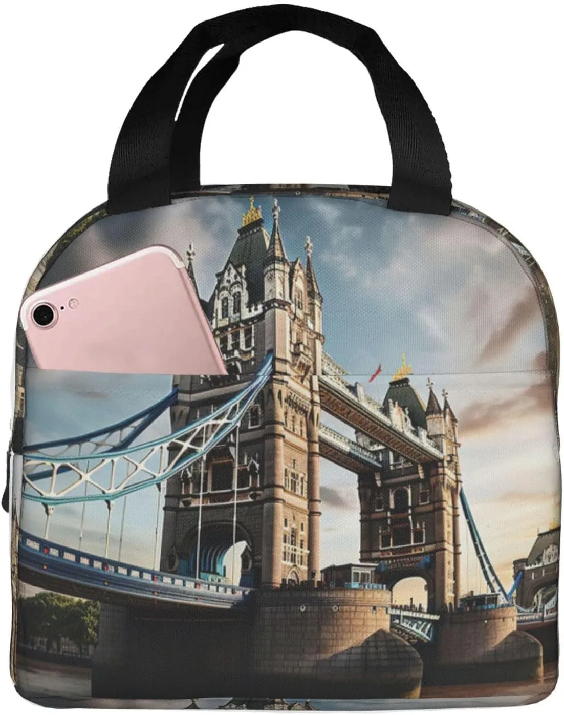 Reusable Insulated Lunch Bag Cooler Tote Box Meal Prep For Men & Women Work Picnic Or Travel,Historic Old Tower Bridge London Print