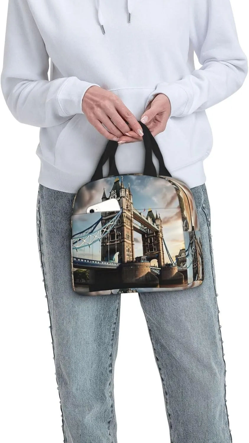 Reusable Insulated Lunch Bag Cooler Tote Box Meal Prep For Men & Women Work Picnic Or Travel,Historic Old Tower Bridge London Print