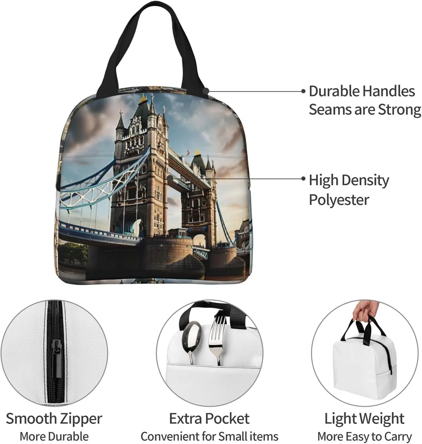 Reusable Insulated Lunch Bag Cooler Tote Box Meal Prep For Men & Women Work Picnic Or Travel,Historic Old Tower Bridge London Print