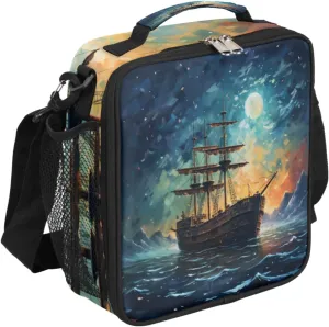 Reusable Lunch Bag Ocean Ship Insulated Lunch Box for Women Men Waterproof Lunch Bento Tote Bags Maritime Thermal Lunchbox with Adjustable Shoulder Strap