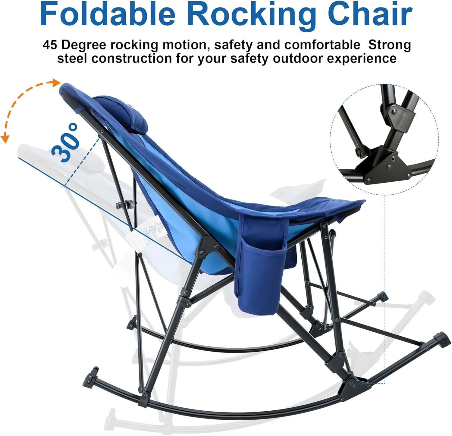Rocking Camping Chair, Luxury Padded Recliner, Oversized Folding Lawn Chair with Pocket, Heavy Duty for Outdoor/Picnic/Lounge/Patio, Portable Camp Rocker Chairs with Carry Bag, Blue