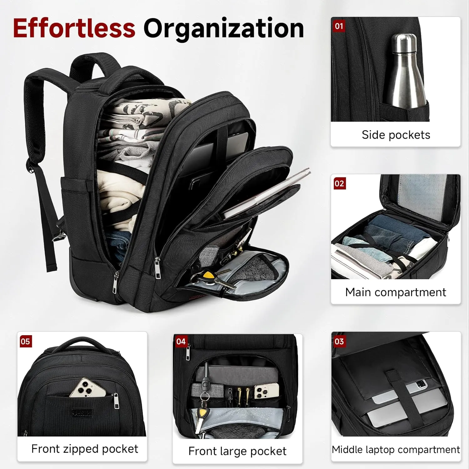Rolling Backpack for Men Adults with wheels, 17.3 Inch Wheeled Laptop Backpack Airline Approved for Travel Work Business (1Pc Backpack with 3 Packing Cubes)