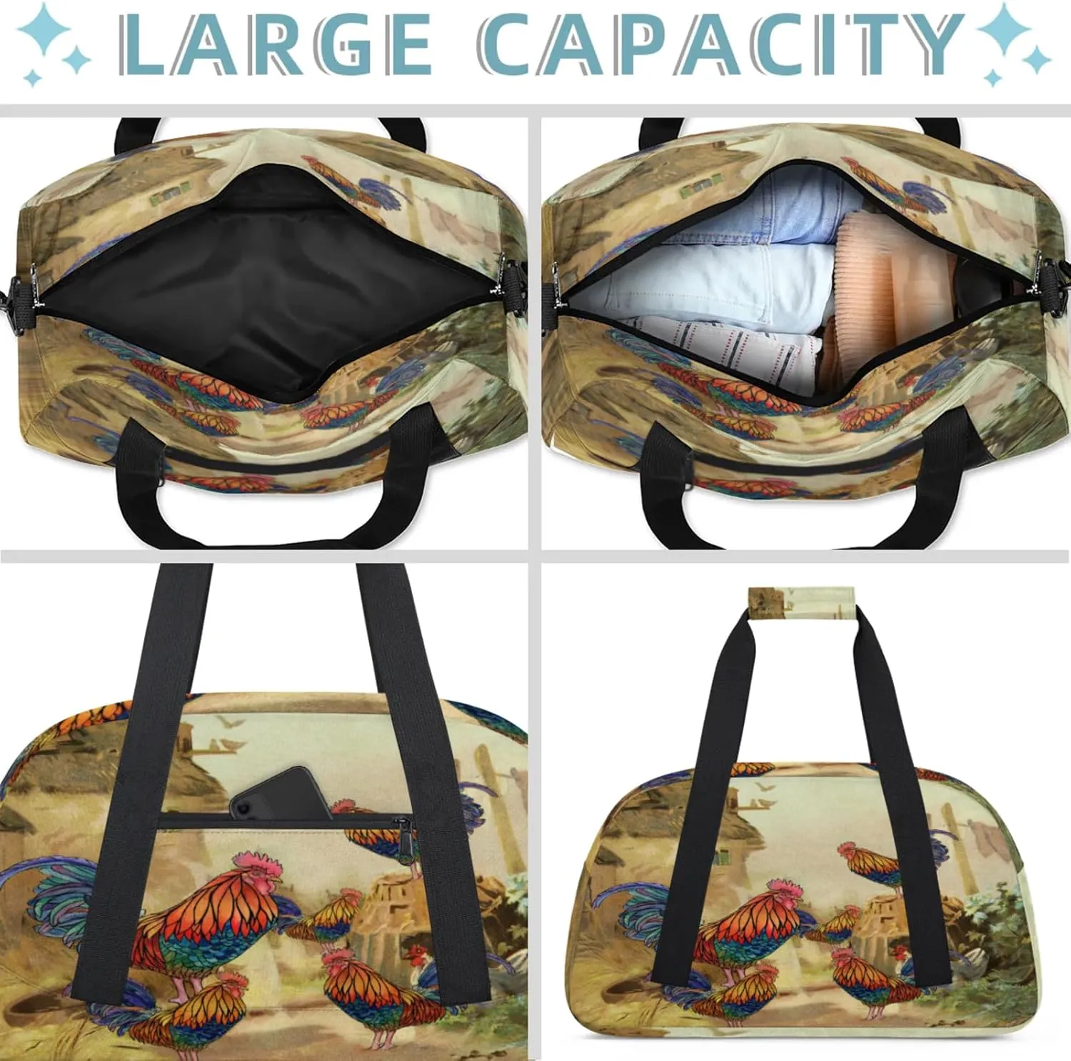 Rooster Farm Animal Small Gym Bag 18 inch Carry On Duffel Bag for Weekender Travel Sports Workout Yoga Gymnastics Dance Ballet