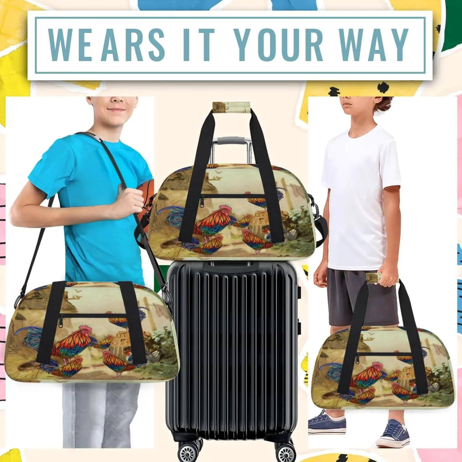 Rooster Farm Animal Small Gym Bag 18 inch Carry On Duffel Bag for Weekender Travel Sports Workout Yoga Gymnastics Dance Ballet