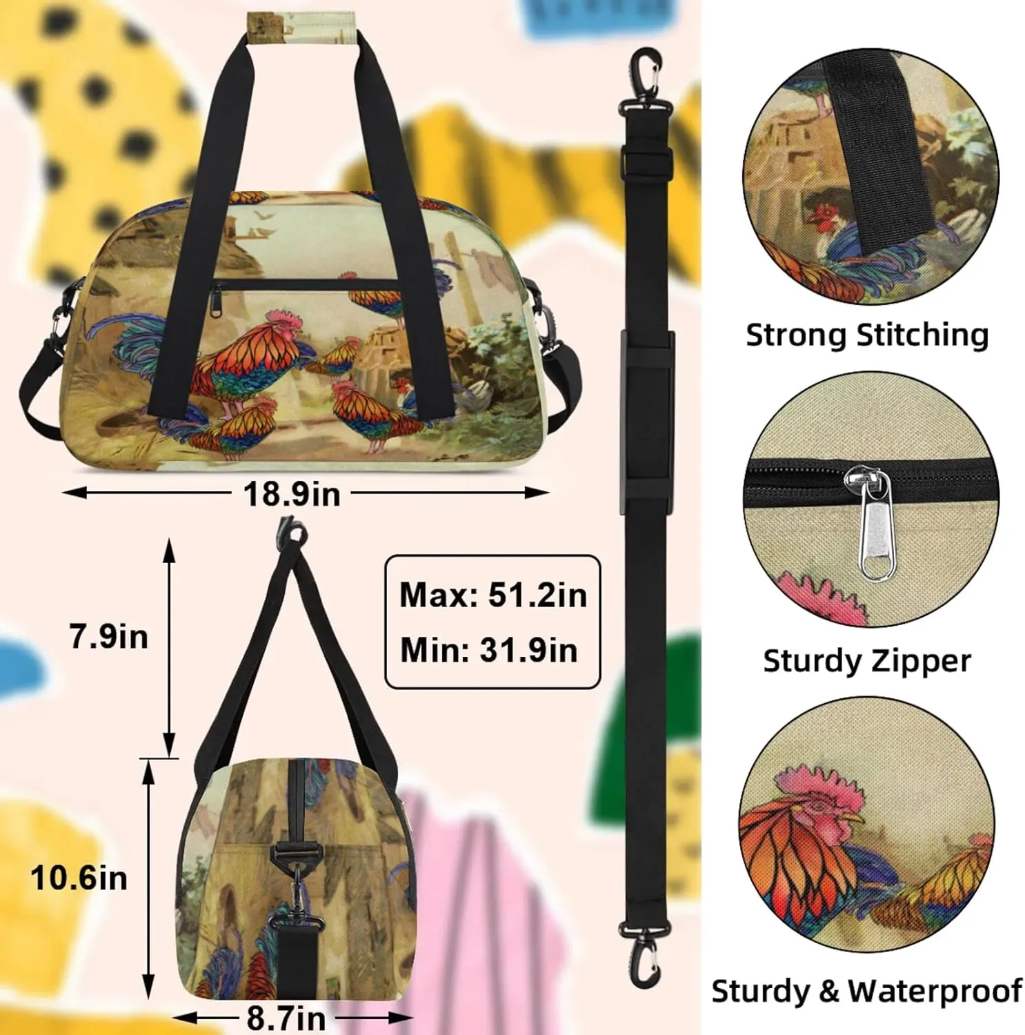 Rooster Farm Animal Small Gym Bag 18 inch Carry On Duffel Bag for Weekender Travel Sports Workout Yoga Gymnastics Dance Ballet