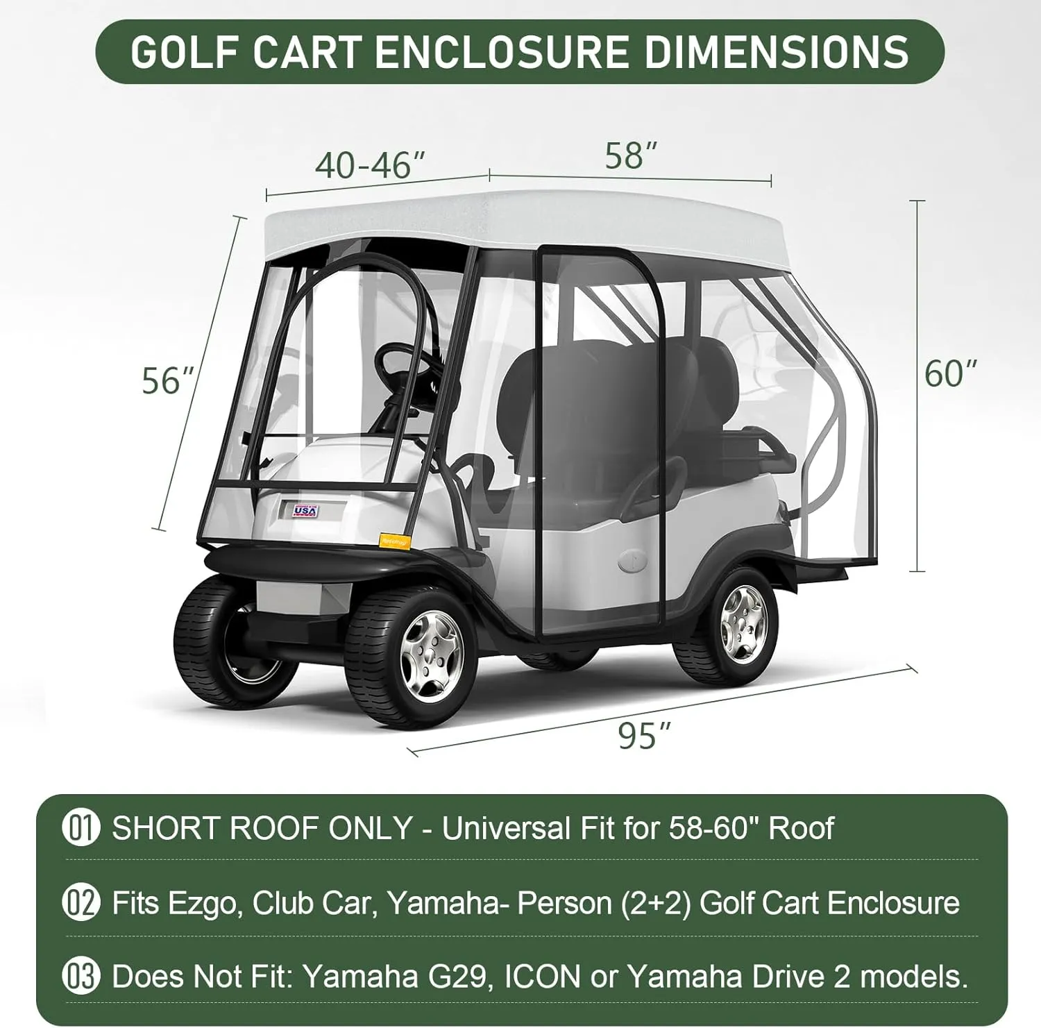 Rosefray Golf Cart Enclosure - 2 2 Drivable Rain Cover for Short Roof 58" EZGO, Club Car - Durable Door Zipper, 4-Sided Clear Windows (4 Seater)