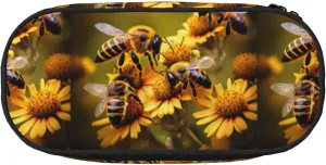 Rural Honey Bees flowers print Oxford cloth pencil case with ordered mesh compartments - a practical choice or travel