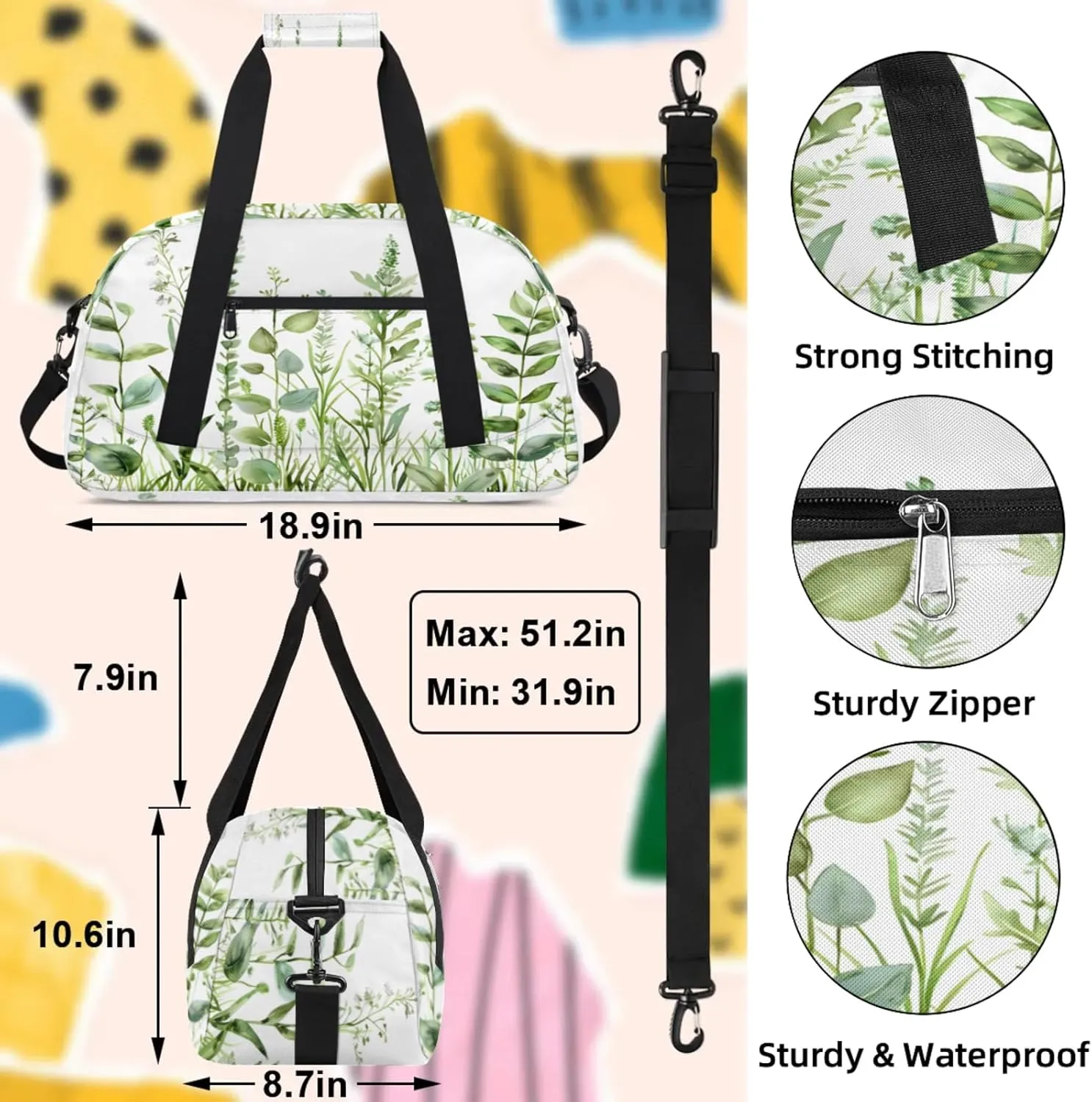 Sage Geen Leaves Spring Eucalyptus Small Gym Bag 18 inch Carry On Duffel Bag for Weekender Travel Sports Workout Yoga Gymnastics Dance Ballet