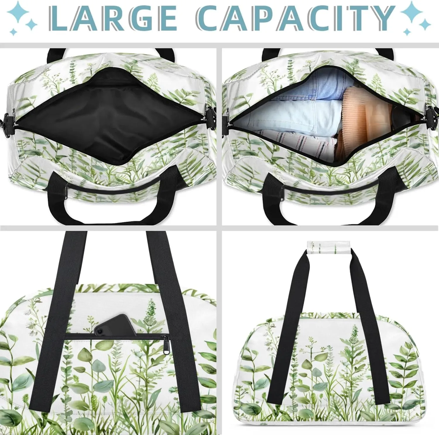 Sage Geen Leaves Spring Eucalyptus Small Gym Bag 18 inch Carry On Duffel Bag for Weekender Travel Sports Workout Yoga Gymnastics Dance Ballet