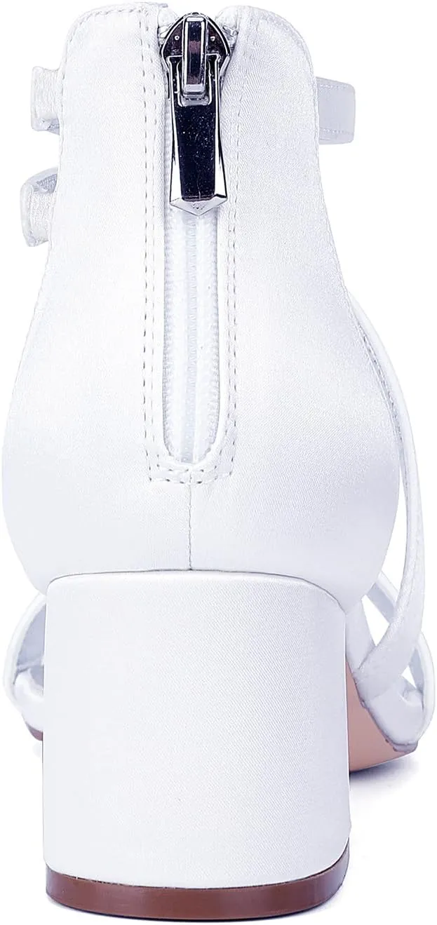Satin Open Toe Women's Wedding Shoes Zipper Back Adjustable Bridal Shoe Ankle Strap Sandal Comfortable Dressy S Strap Wide Block 5.5CM Heels