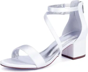 Satin Open Toe Women's Wedding Shoes Zipper Back Adjustable Bridal Shoe Ankle Strap Sandal Comfortable Dressy S Strap Wide Block 5.5CM Heels