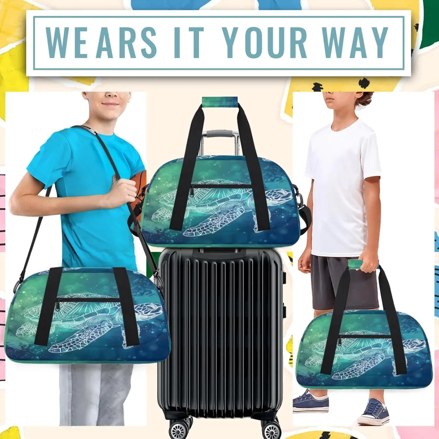 Sea Turtle Ocean Small Gym Bag 18 inch Carry On Duffel Bag for Weekender Travel Sports Workout Yoga Gymnastics Dance Ballet