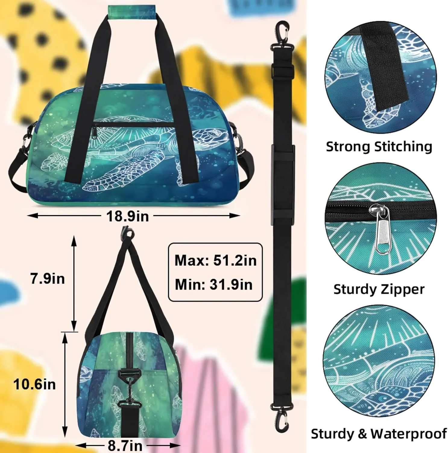 Sea Turtle Ocean Small Gym Bag 18 inch Carry On Duffel Bag for Weekender Travel Sports Workout Yoga Gymnastics Dance Ballet