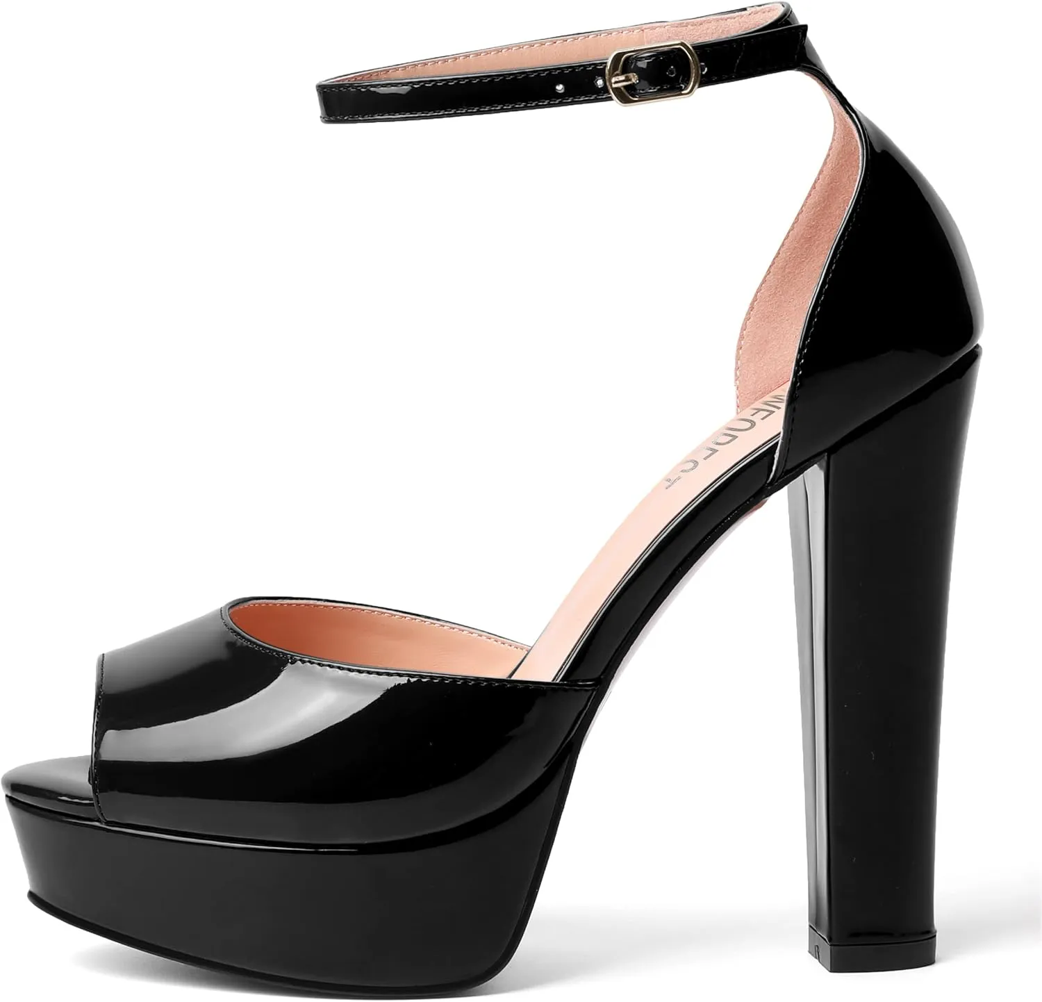 SHOWFOREST Womens Platform Patent Ankle Strap Sexy Buckle Peep Toe Night Club Block High Heel Pumps Shoes 5 Inch