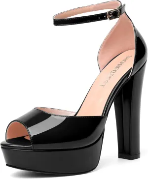 SHOWFOREST Womens Platform Patent Ankle Strap Sexy Buckle Peep Toe Night Club Block High Heel Pumps Shoes 5 Inch